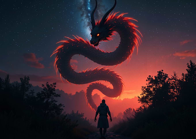Man Facing a Glowing Celestial Dragon