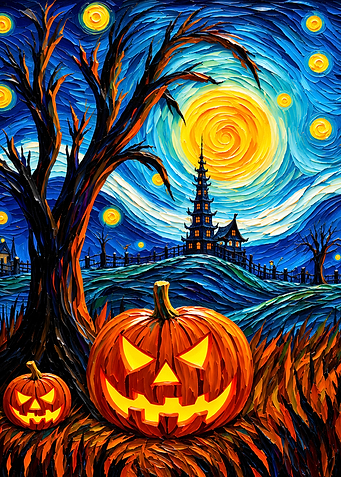 Van Gogh Style Halloween Pumpkin Scene
