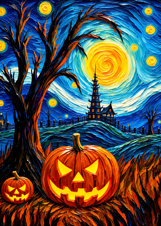 Van Gogh Style Halloween Pumpkin Scene