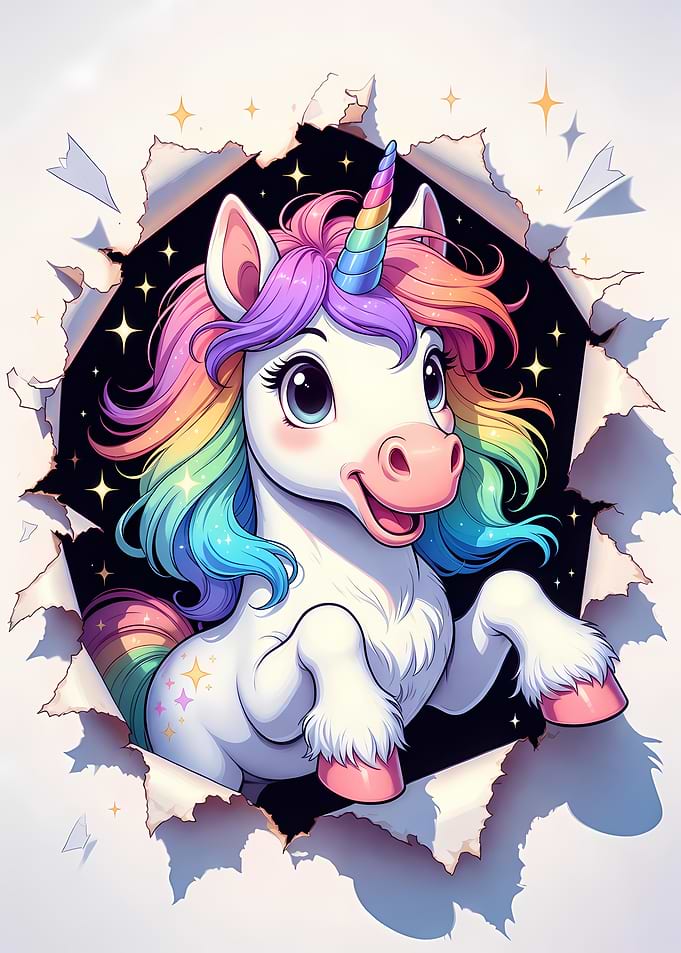 Cute Rainbow Unicorn Peeking Through Paper