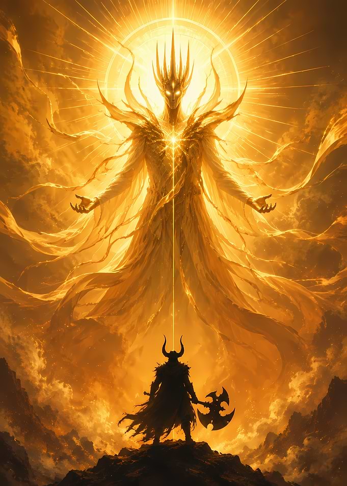 Warrior Facing a Golden Celestial Being