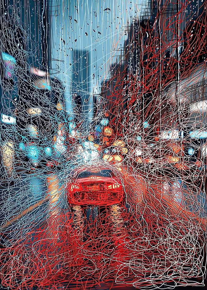 Abstract Rainy City Street Scribble Art