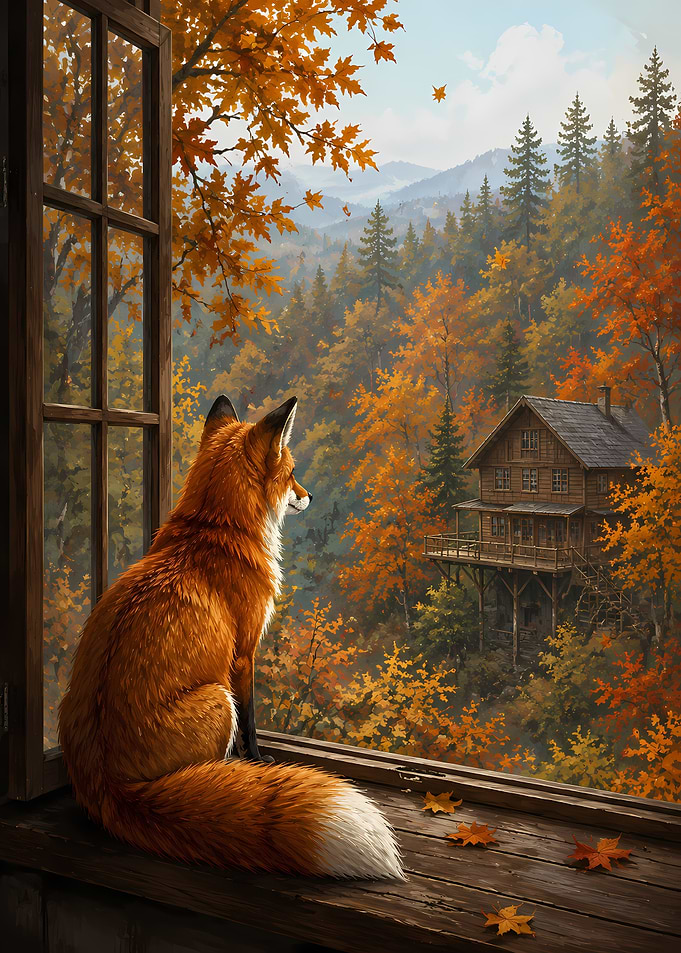 Fox Watching Autumn Forest Cabin