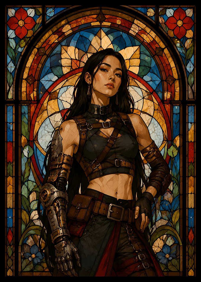 Cyborg Warrior in Stained Glass