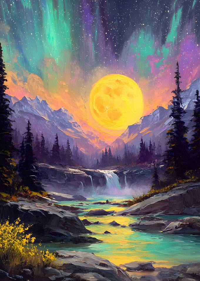 Vibrant Moonlit Mountain Waterfall Landscape
