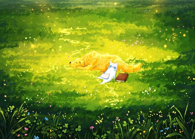 Golden Retriever and Cat Resting