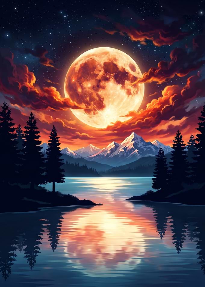 night sky full Moon Over snowy Mountain range and calm Lake