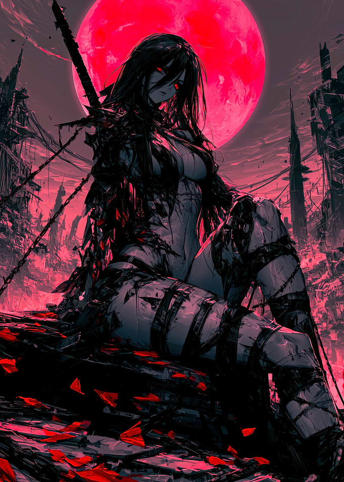 Dark Anime Warrior Under Red Moon