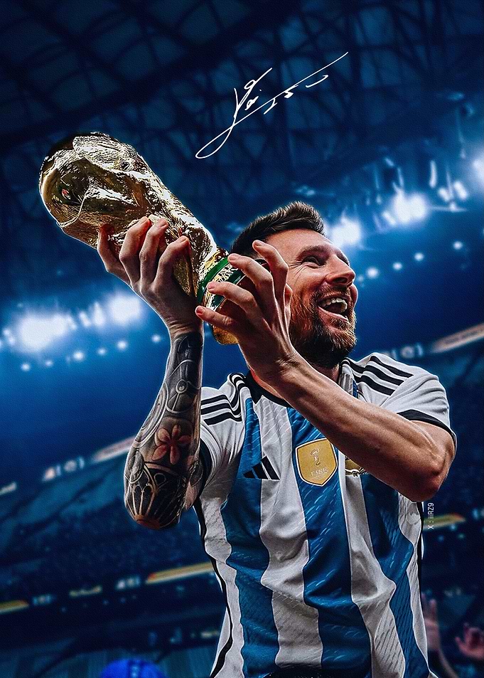 Lionel Messi Lifting World Cup Trophy