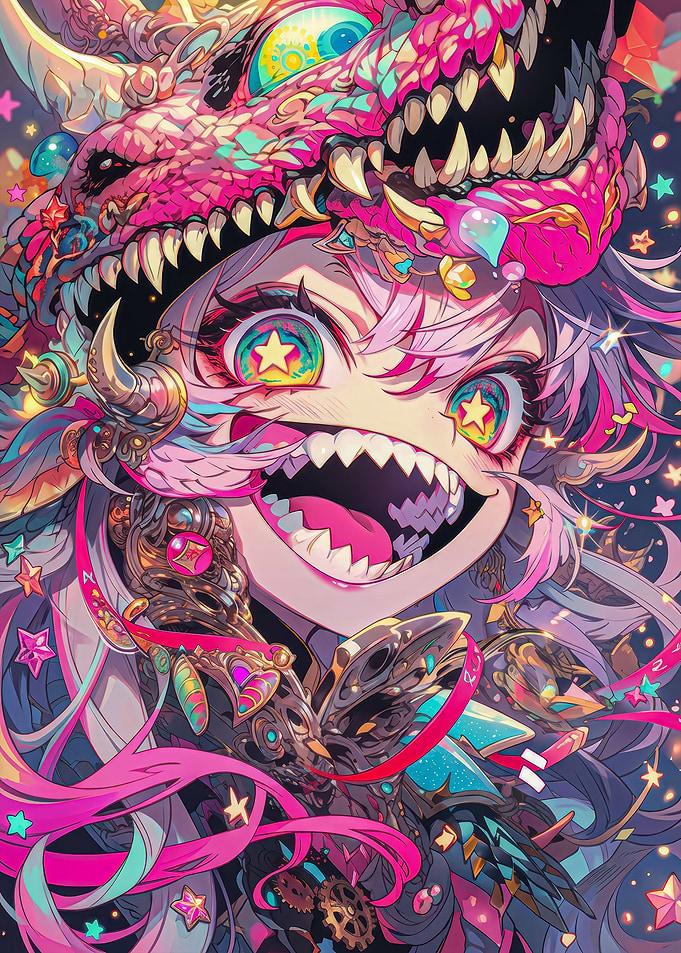 Vibrant Anime Girl with Dragon Mask
