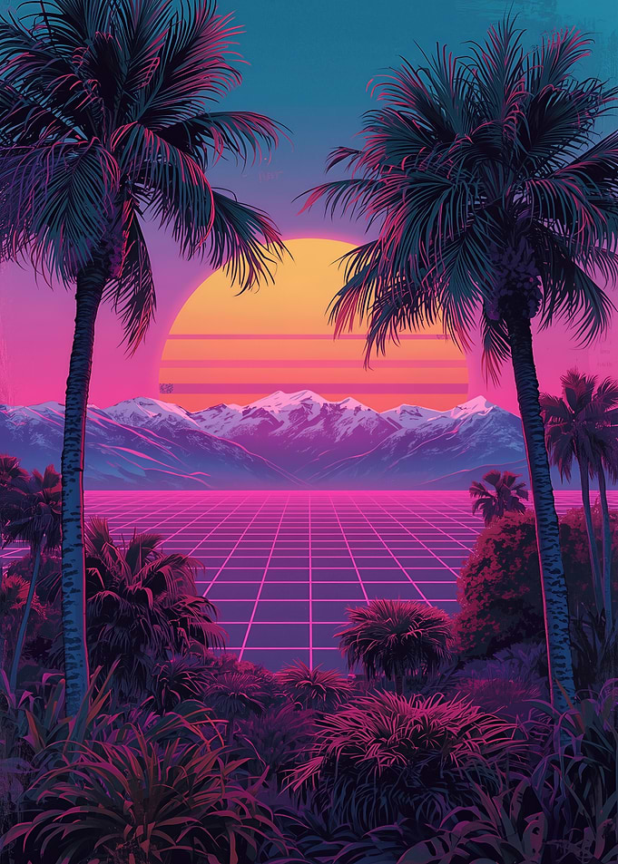 Neon Sunset Over Grid Sea with Palm Trees — Retro-Futurist Vaporwave Landscape