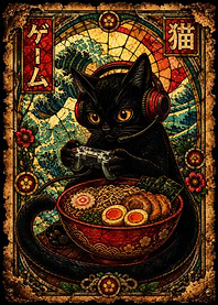Gamer Black Cat Eating Ramen