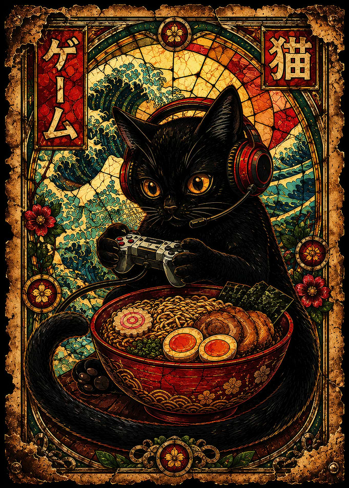 Gamer Black Cat Eating Ramen