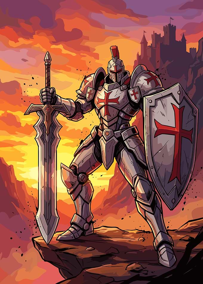 Crusader Knight Standing on Cliff