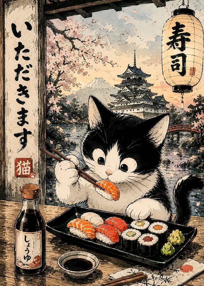 Cute Cat Eating Sushi Illustration