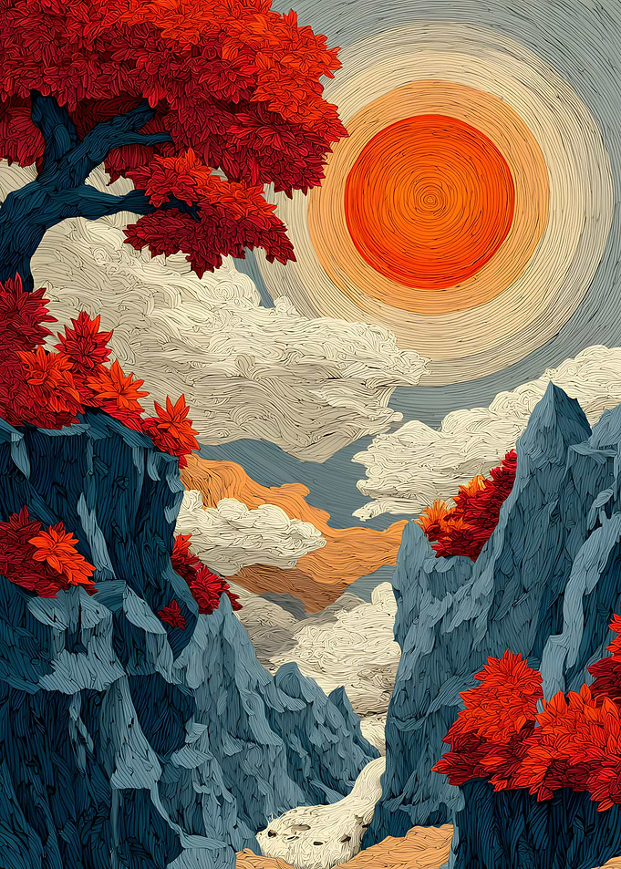 Stylized Red Tree Mountain Landscape