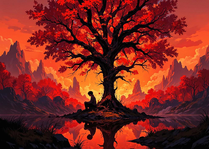 Solitary Figure Under Red Autumn Tree