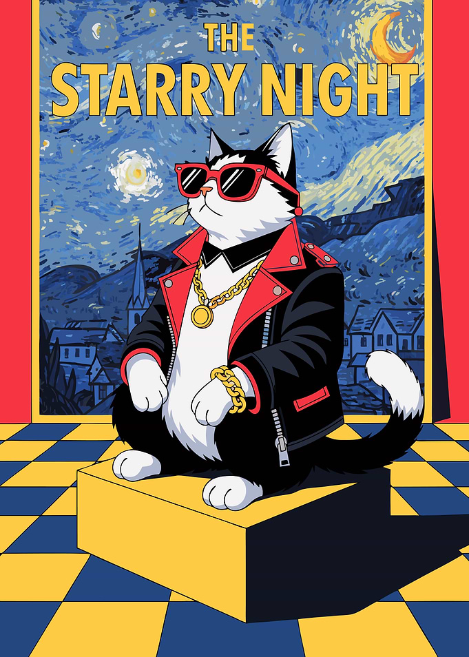 Cool Cat in Starry Night Style