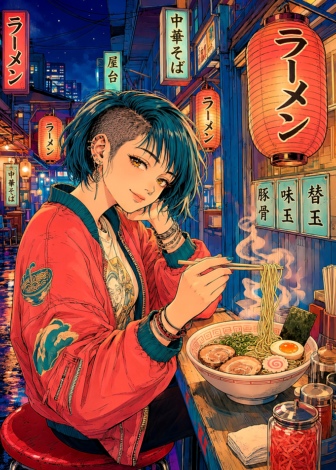 Anime Girl Eating Ramen at Night