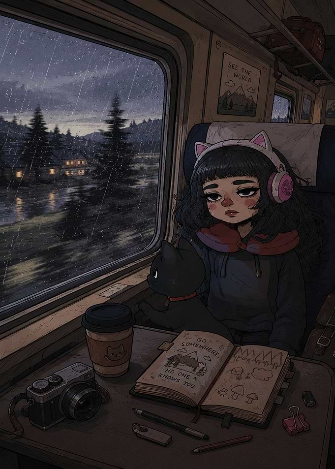 Girl and Cat Traveling by Train