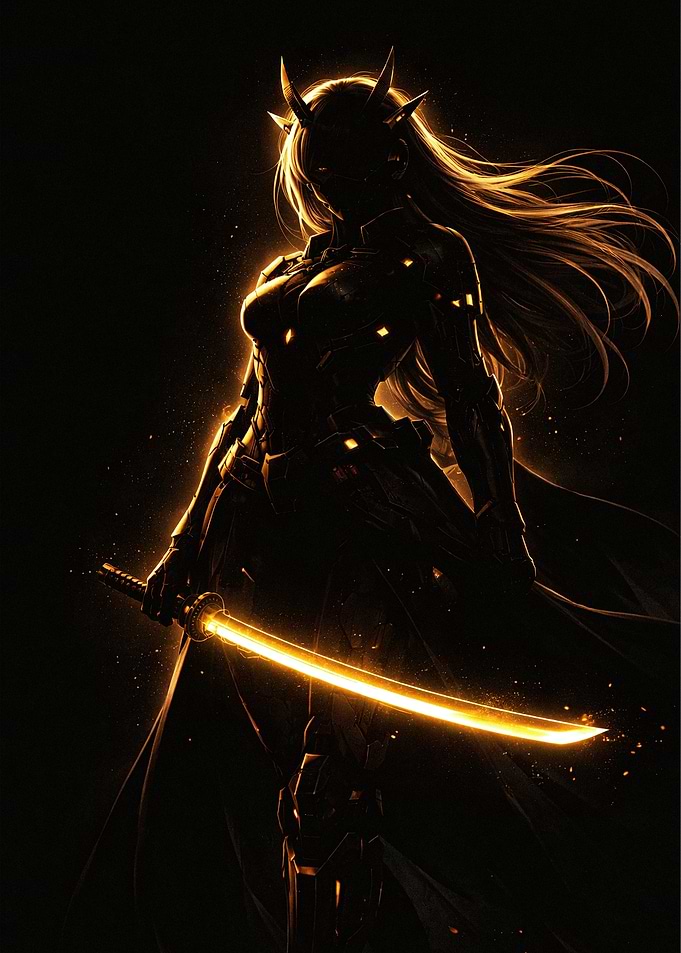 Glowing Cybernetic Samurai Warrior
