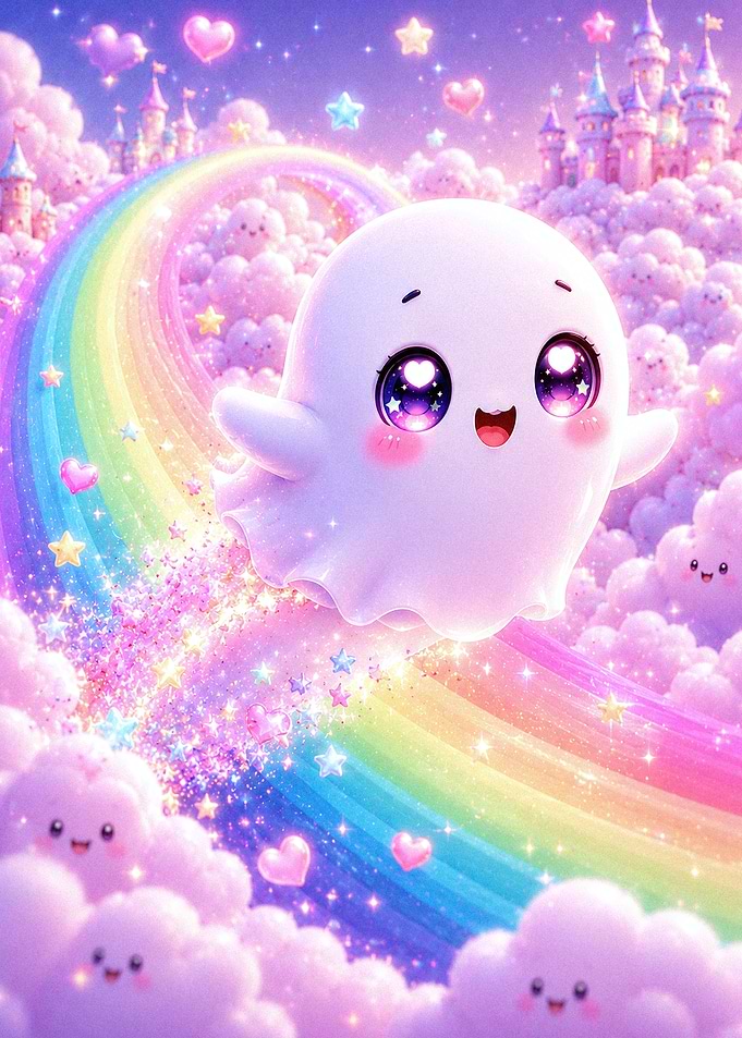 Cute Ghost Flying on Rainbow