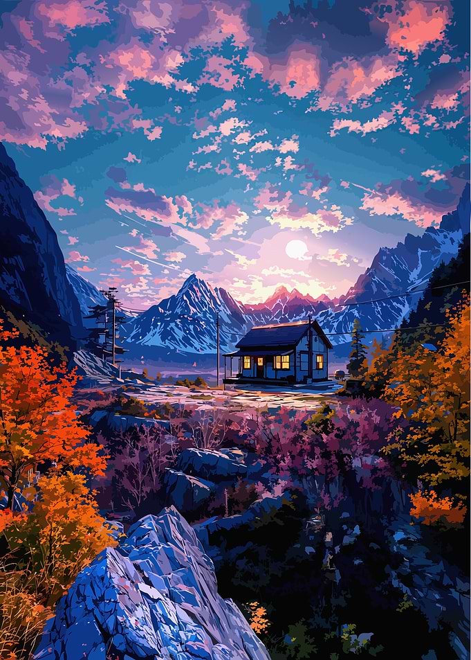 Cozy Cabin in Mountain Sunset