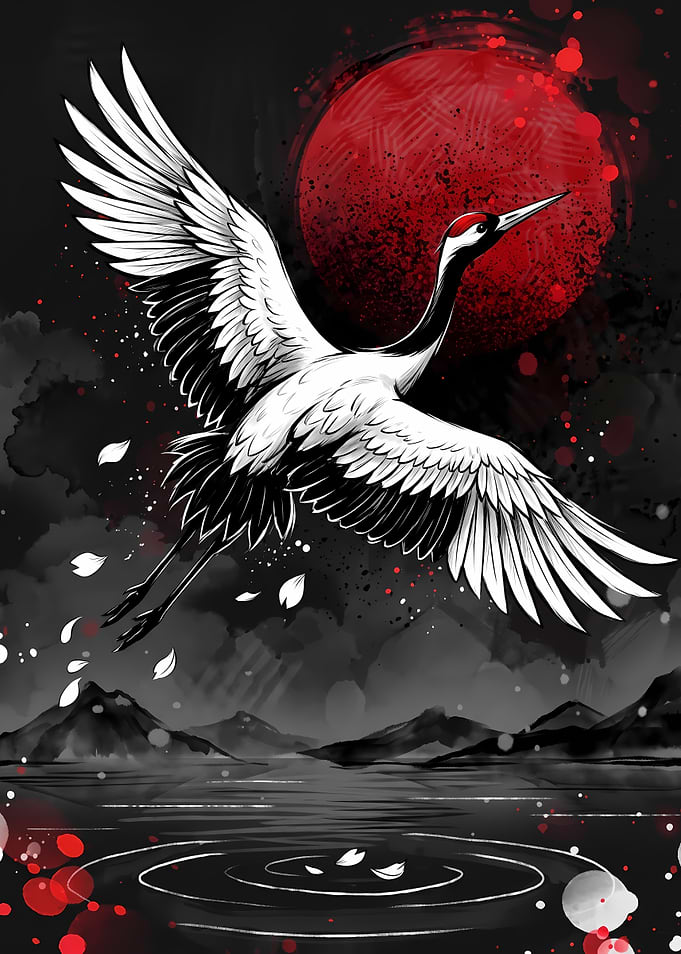 Red Sun Japanese Crane Art