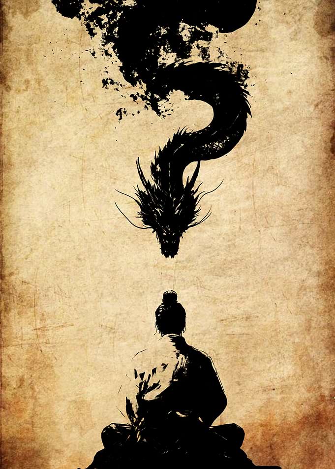 Samurai Meditating with Ink Dragon