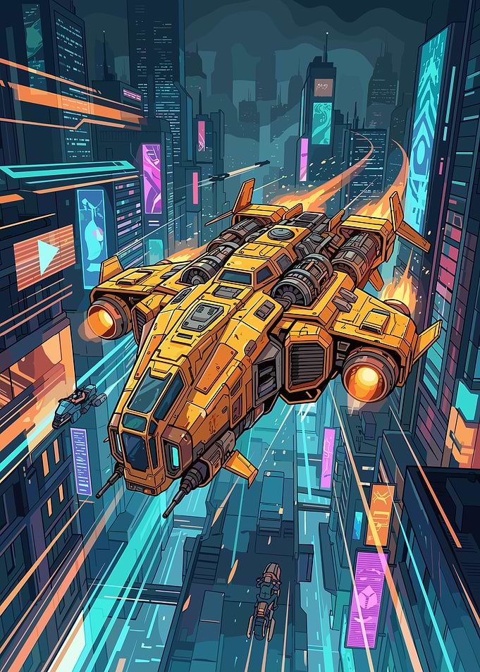 Yellow Spaceship Flying Through Cyberpunk City