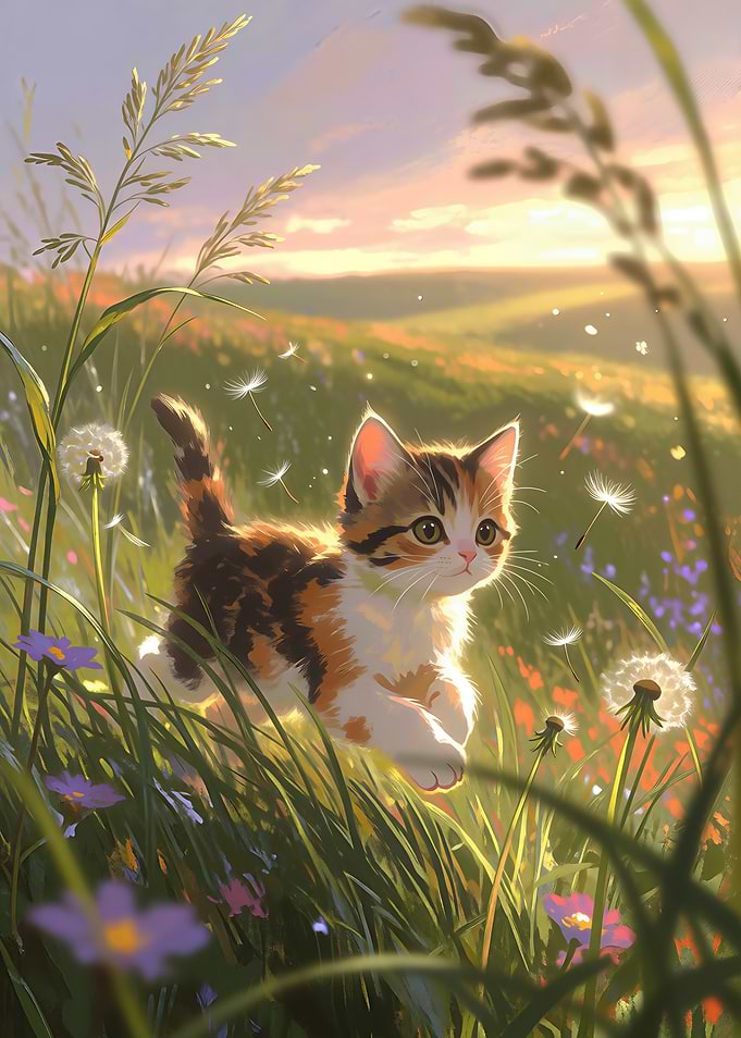 Calico Kitten Playing in Meadow