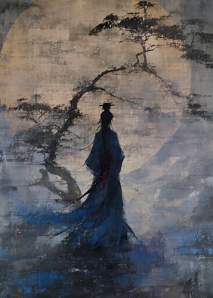 Lone Samurai Under Moonlight