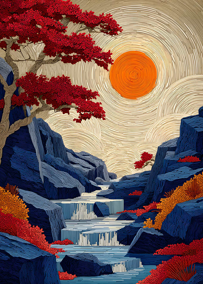 Stylized Japanese Landscape with Red Tree