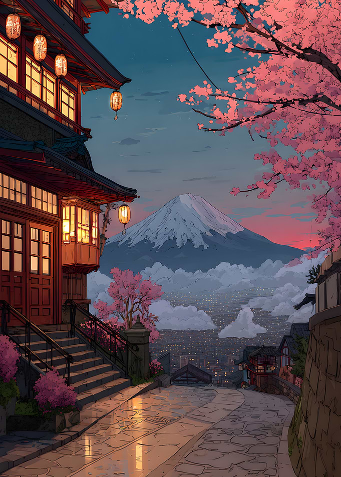 Mount Fuji Sunset with Cherry Blossoms