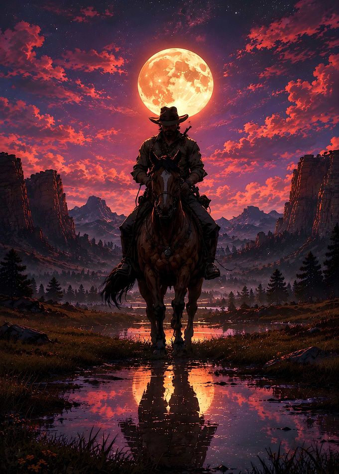 Cowboy Riding Horse Under Full Moon