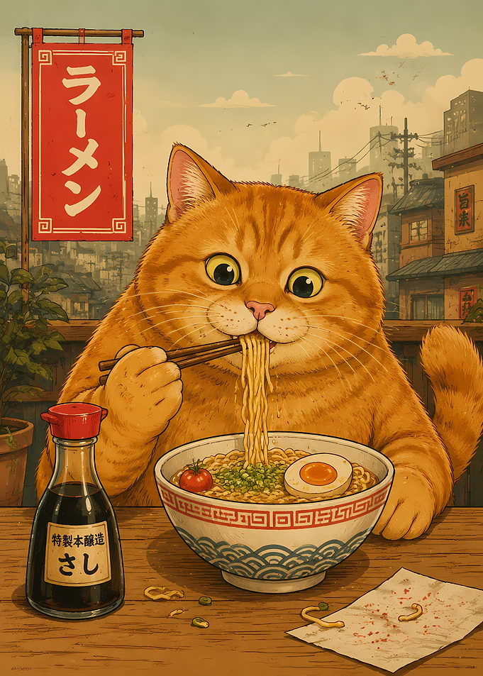 Cute Ginger Cat Eating Ramen
