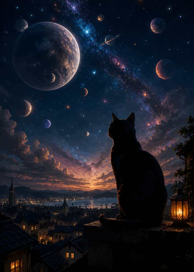 Cat Watching a Cosmic Night Sky