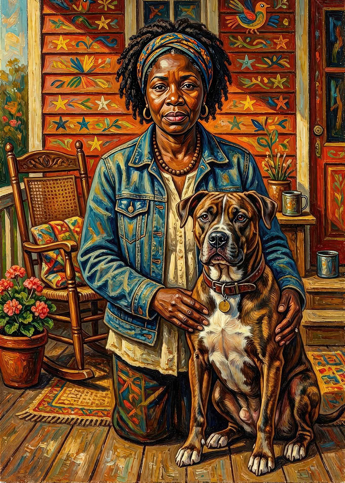 Woman and Dog on Porch Painting