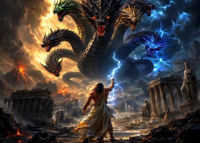 Zeus Battling a Multi-Headed Hydra