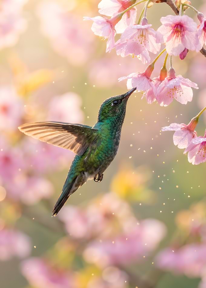 Hummingbird Feeding on Cherry Blossoms