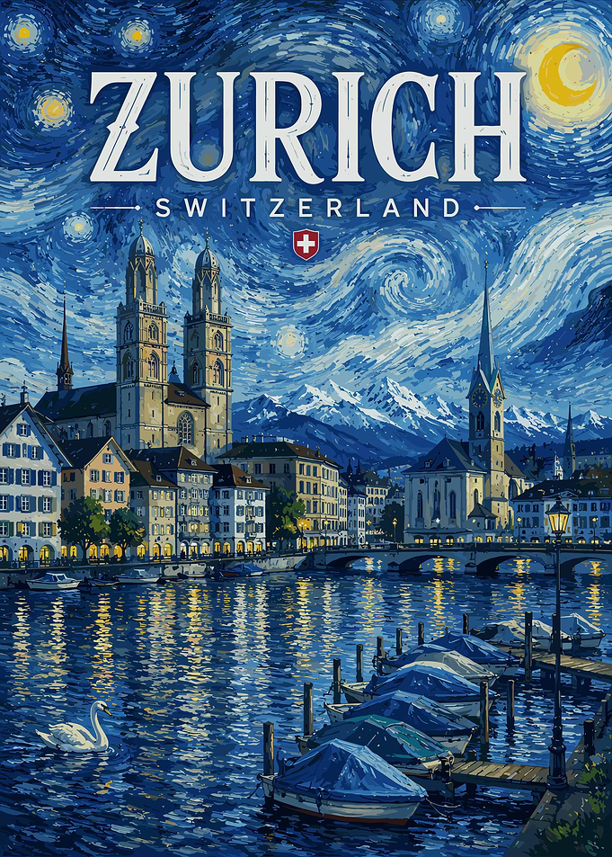 Starry Night Zurich Switzerland Travel Poster