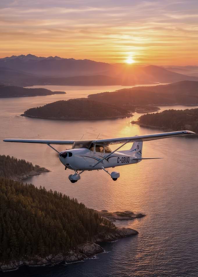 Cessna Airplane Flying Over Coastal Sunset