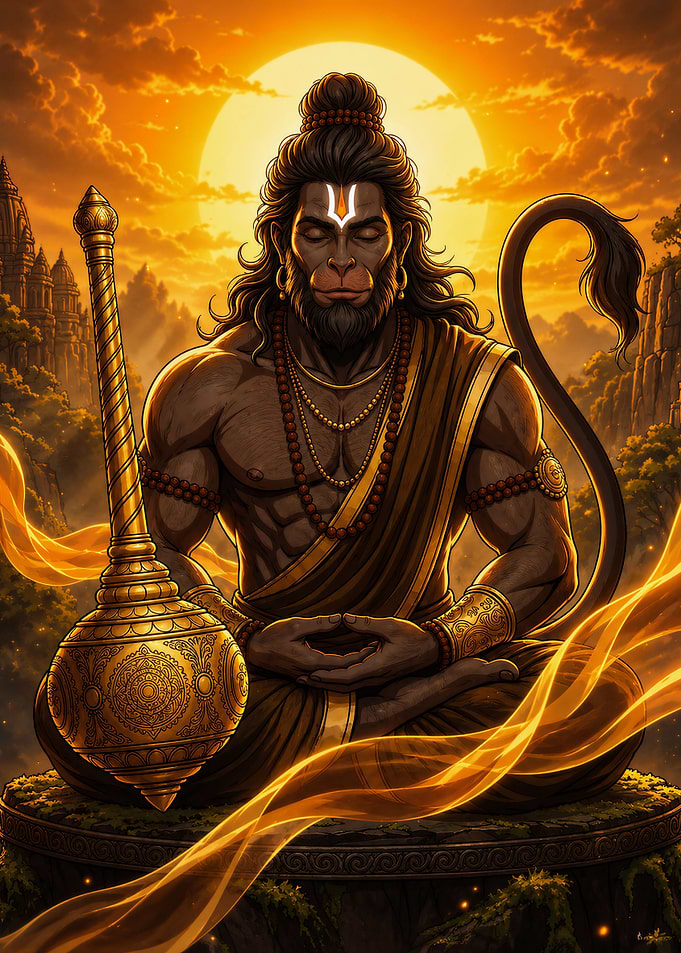 Divine Meditating Lord Hanuman with Golden Gada | Spiritual Hindu Wall Art