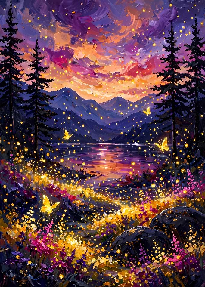 Magical Firefly Forest at Sunset