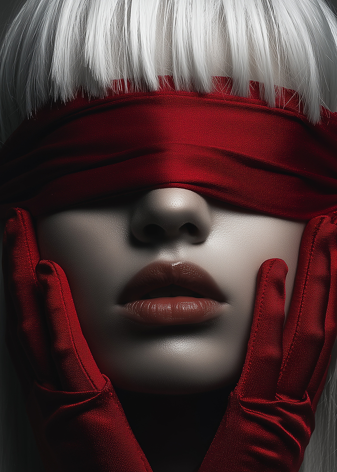 Blindfolded Woman in Red Gloves
