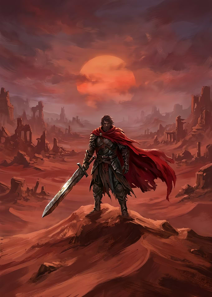 Warrior Standing in Ruined Wasteland