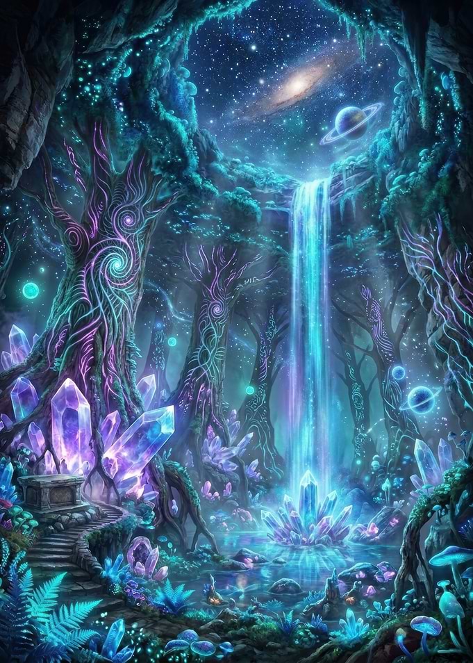 Magical Crystal Forest Under Galaxy Sky