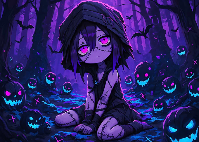 Stitched Anime Girl in Pumpkin Forest