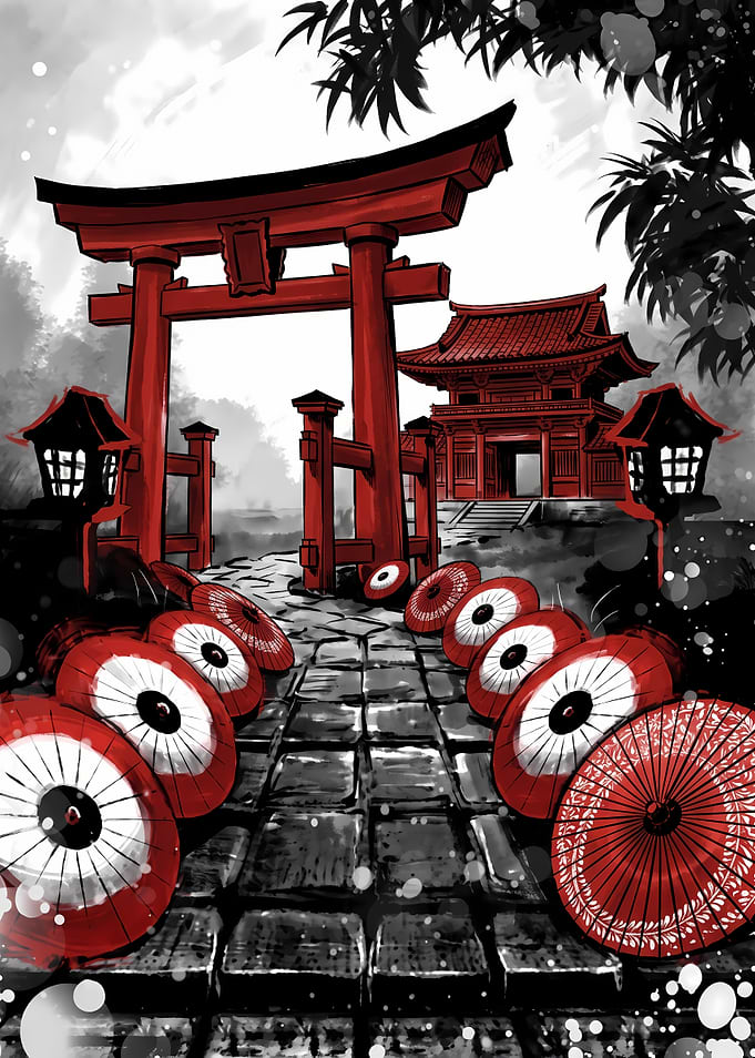 Red Torii Gate and Umbrellas
