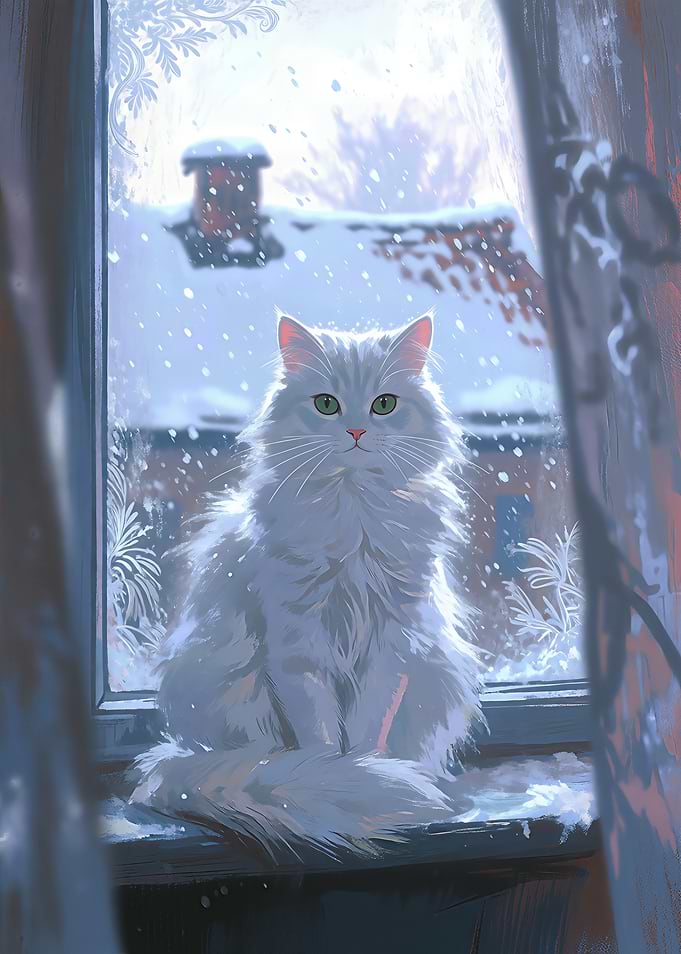 Fluffy White Cat Watching Winter Snow